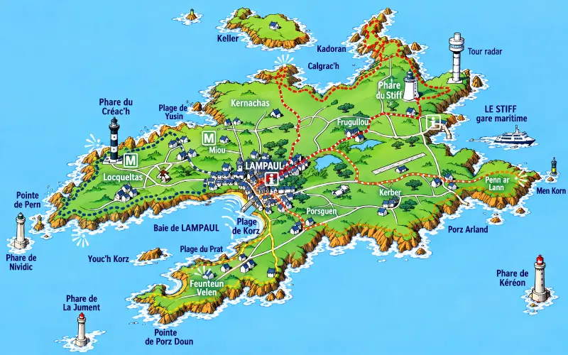 Carte de l’île d’Ouessant avec ses principaux phares et Lampaul
